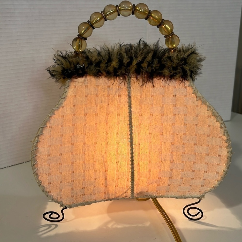 VINTAGE FABRIC PURSE LAMP WITH FEATHERS night light